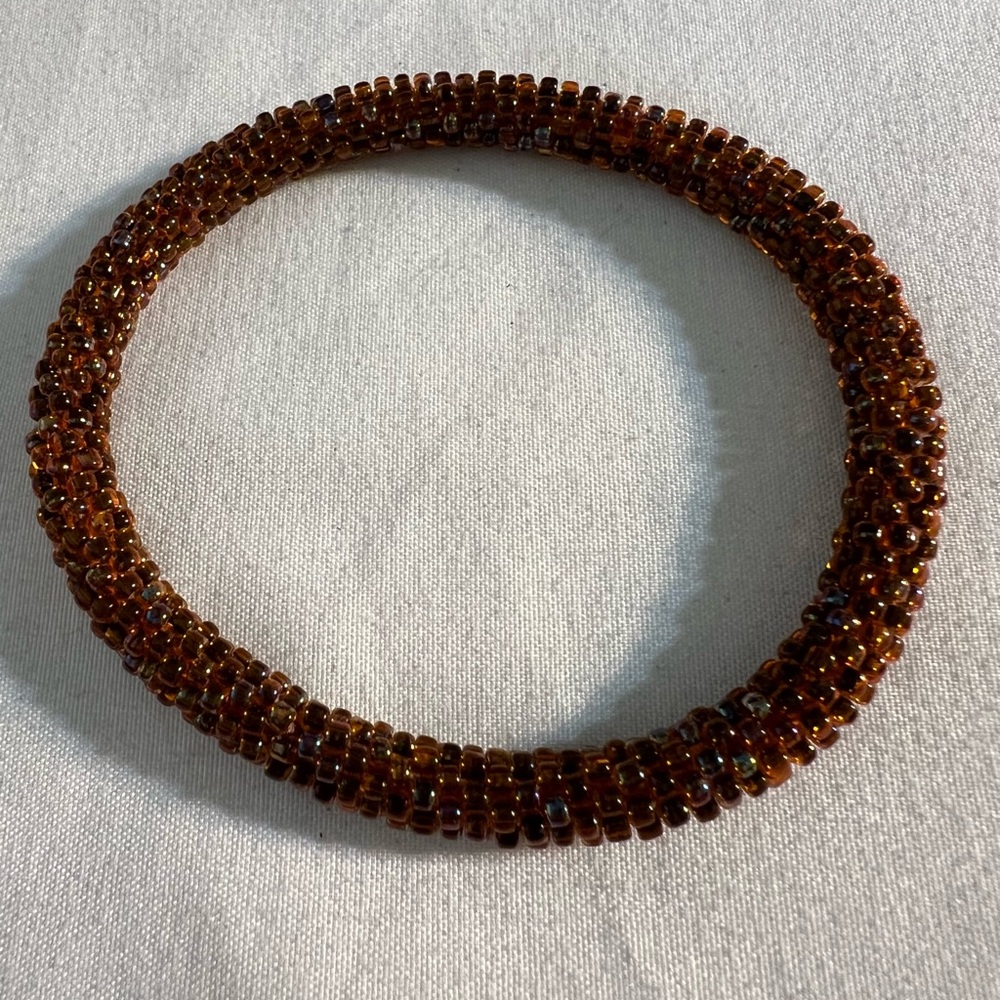 Nepal Glass Brown Copper Beaded Mesh Roll On 6 1/2" Boho Handmade Bracelet
